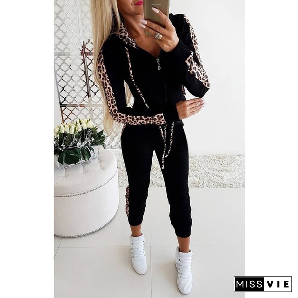 Women Fashion Leopard Print Two Pieces Sports Suits Tops With Pants Tracksuit 2 Pieces Set Sweatsuit Jogging Outfits For Women