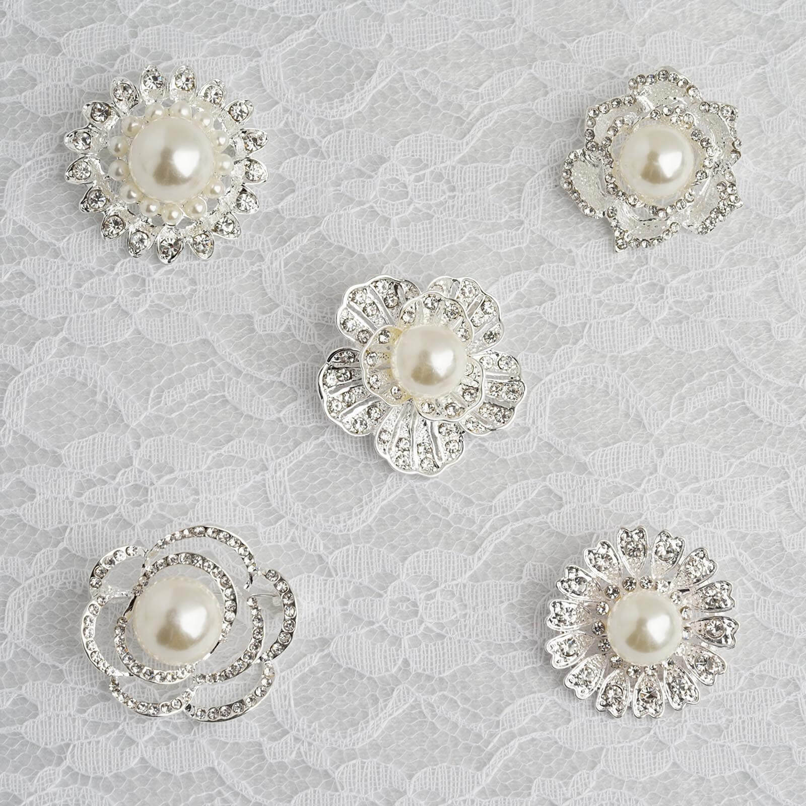 5 Pack Assorted Silver Plated Rhinestone Brooches with Pearl Center Floral Sash Pin Brooch Bouquet Decor