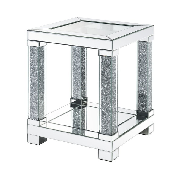 End Table with Faux Gemstone Accents and Mirrored Open Bottom Shelf， Silver