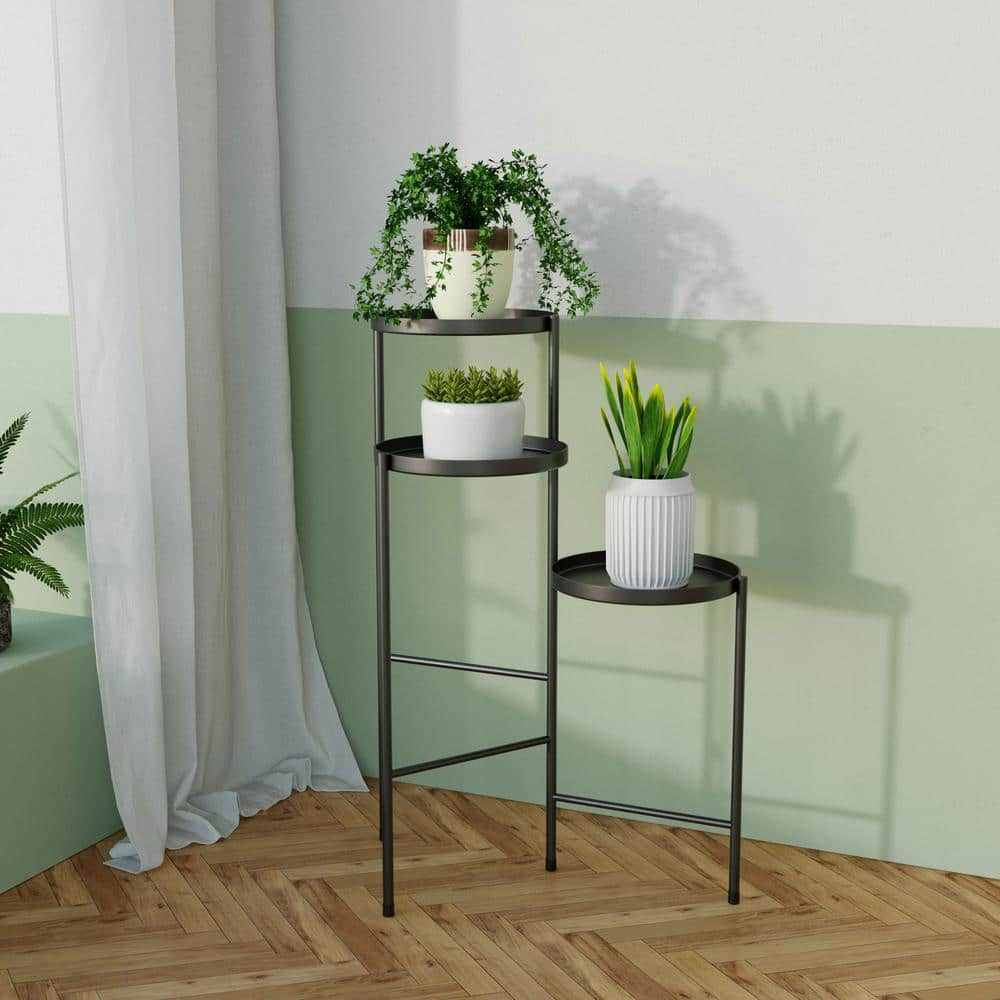 JAXPETY 30 in. Metal Corner Plant Stand in Black Indoor/Outdoor (3-Tier) HG61W0938