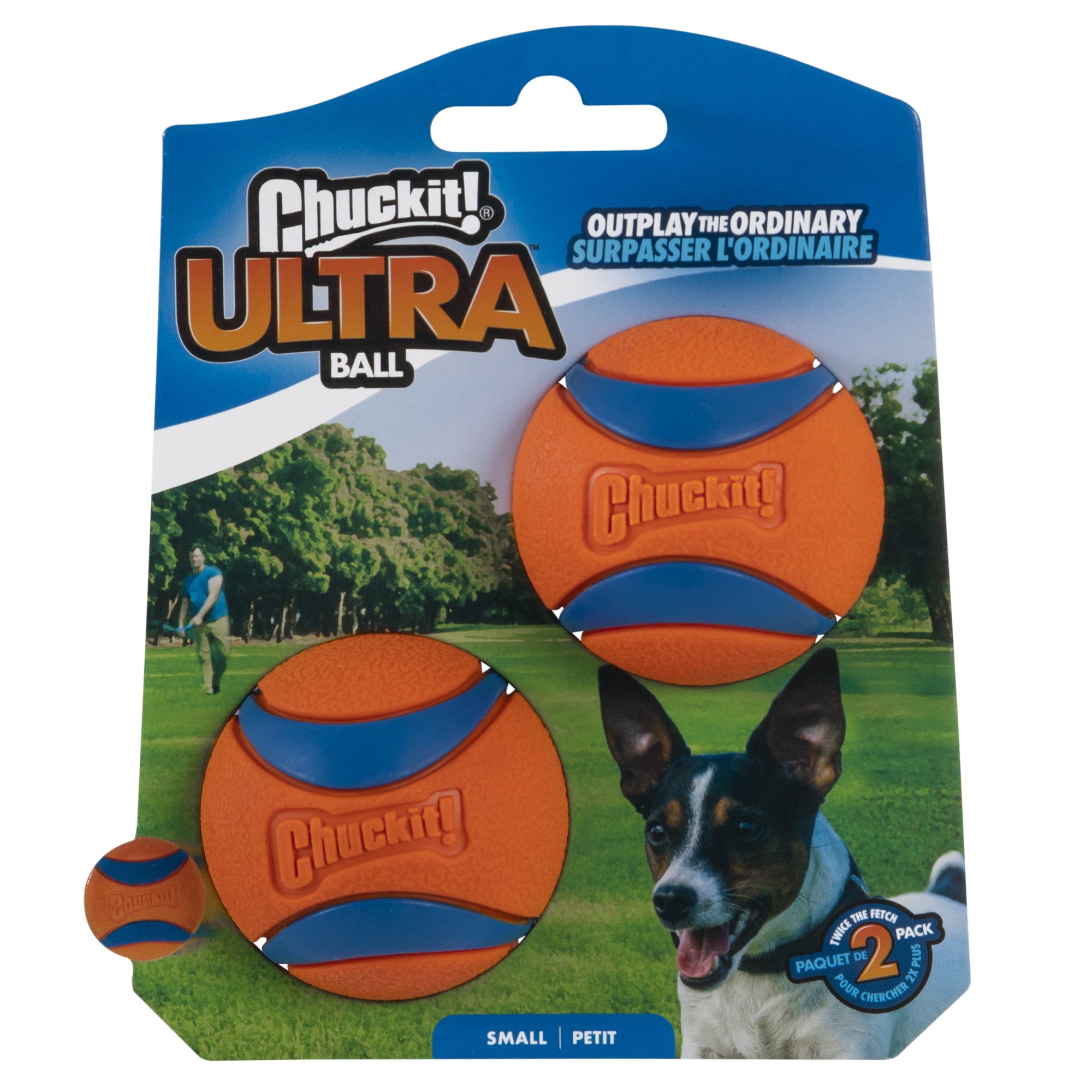 Chuckit! Ultra Dog Toy Ball Bounces and Floats， Bright Orange and Blue， Small， 2 pack