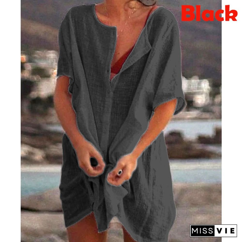 Fashion Summer Clothes Women's Casual Short Sleeve Dresses Beach Wear Robe Femme Swimwear Cover-up Linen Dress Loose Blouses Long T-shirt Deep V-neck Solid Color Swimsuit Cover-ups Dress Mini Party Dress