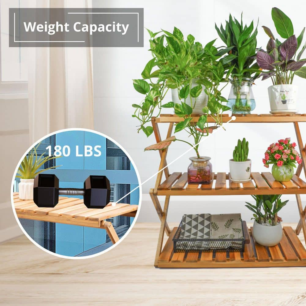 Tunearary Folding Indoor/Outdoor Wooden Plants Stand Flower Pot Display Shelf Rack 3-Tiers W68HZP535809