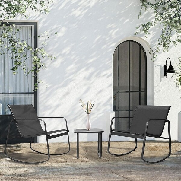 3Piece Outdoor Patio Rocking Chair Bistro Set with Glass Top Coffee Table