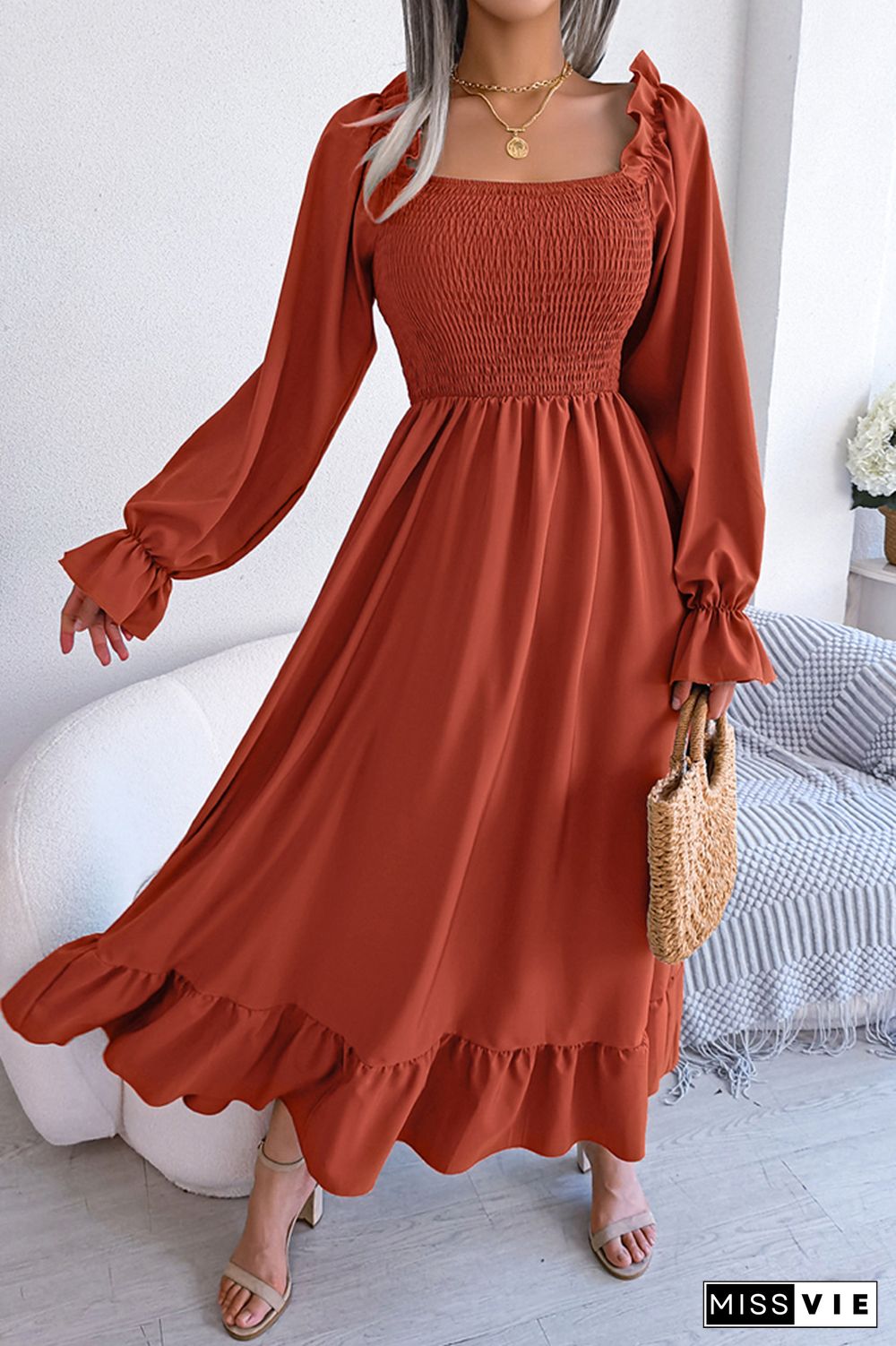 Plain Square Neck Smocked Top Maxi Dress