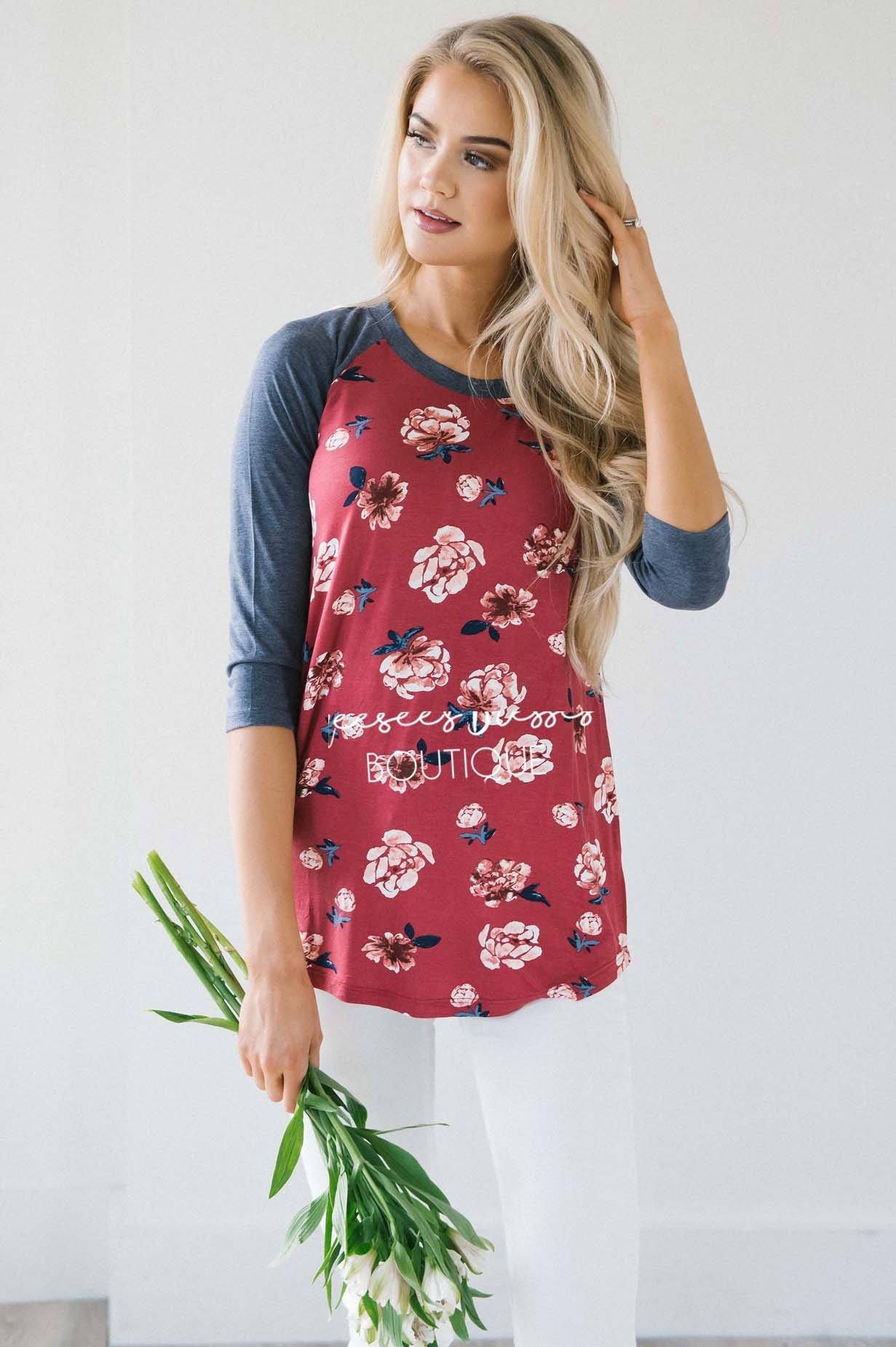 Wine Floral Navy Sleeve Baseball Tee