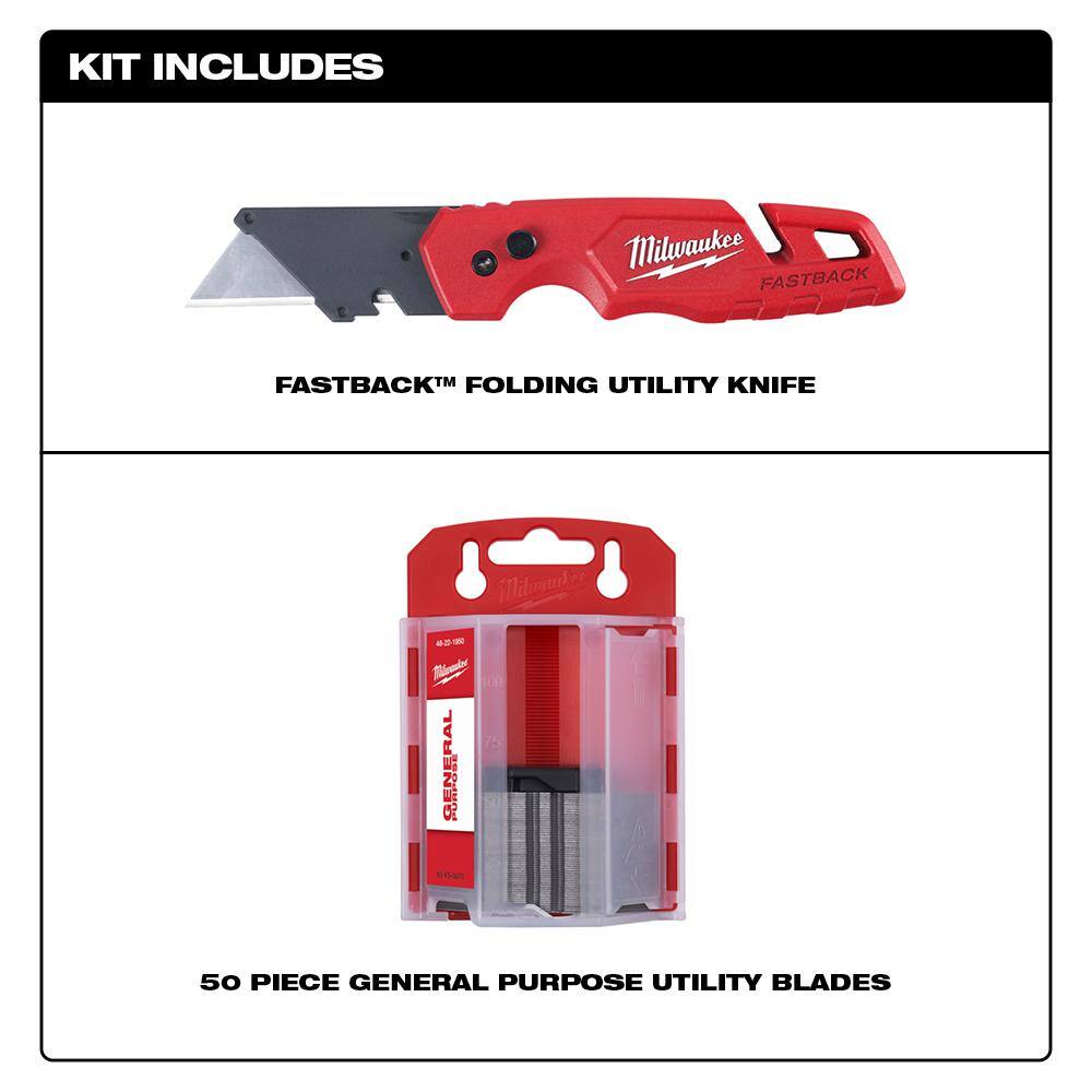 MW FASTBACK Folding Utility Knives with Blade Storage and 50-Pack General Purpose Utility Blade Set 48-22-1504