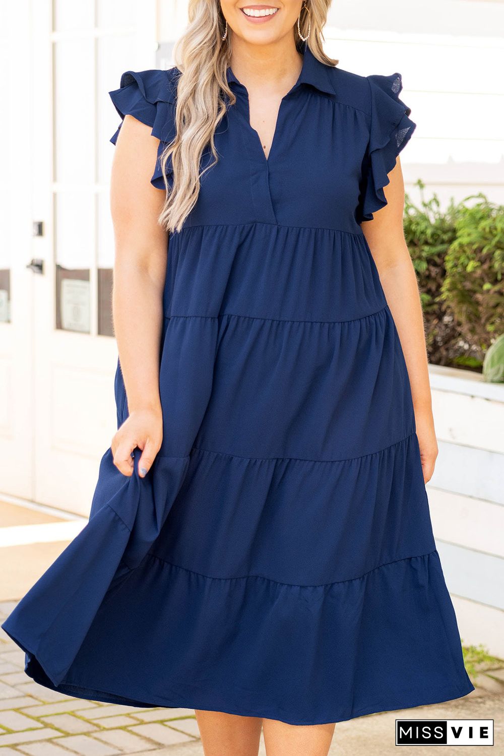 Blue Plus Size Ruffled Tiered A-line Midi Dress