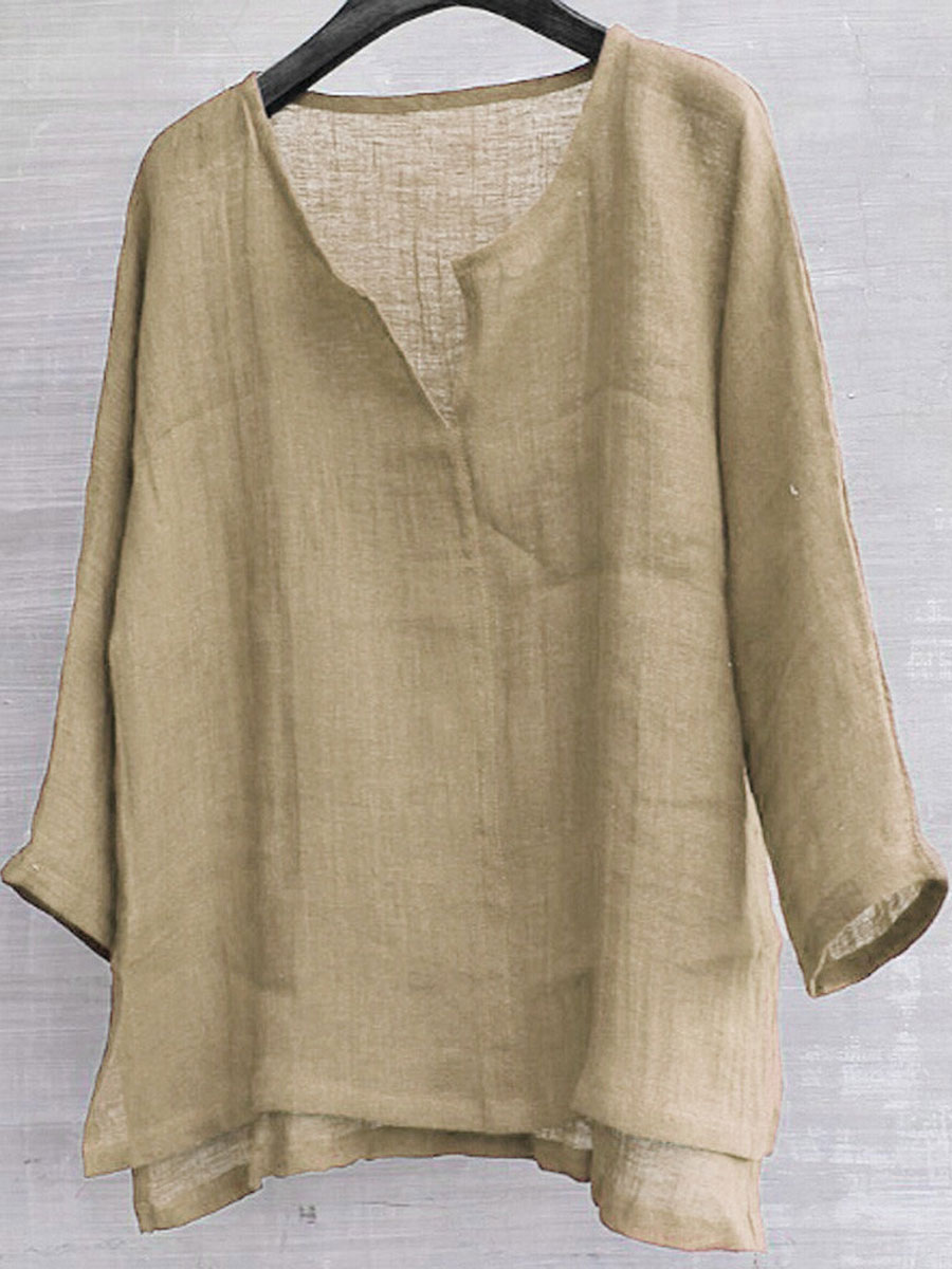 Cotton And Linen Solid Color V-Neck Blouse