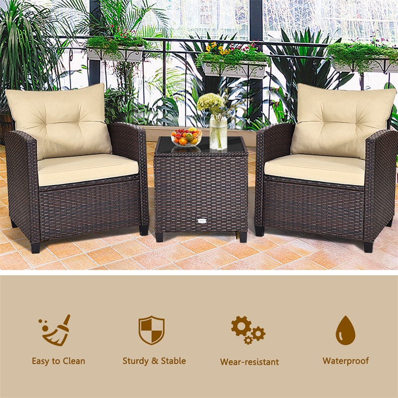 3 Pieces Patio Rattan Furniture Set Outdoor Wicker Conversation Set with Washable Cushion and Coffee Table