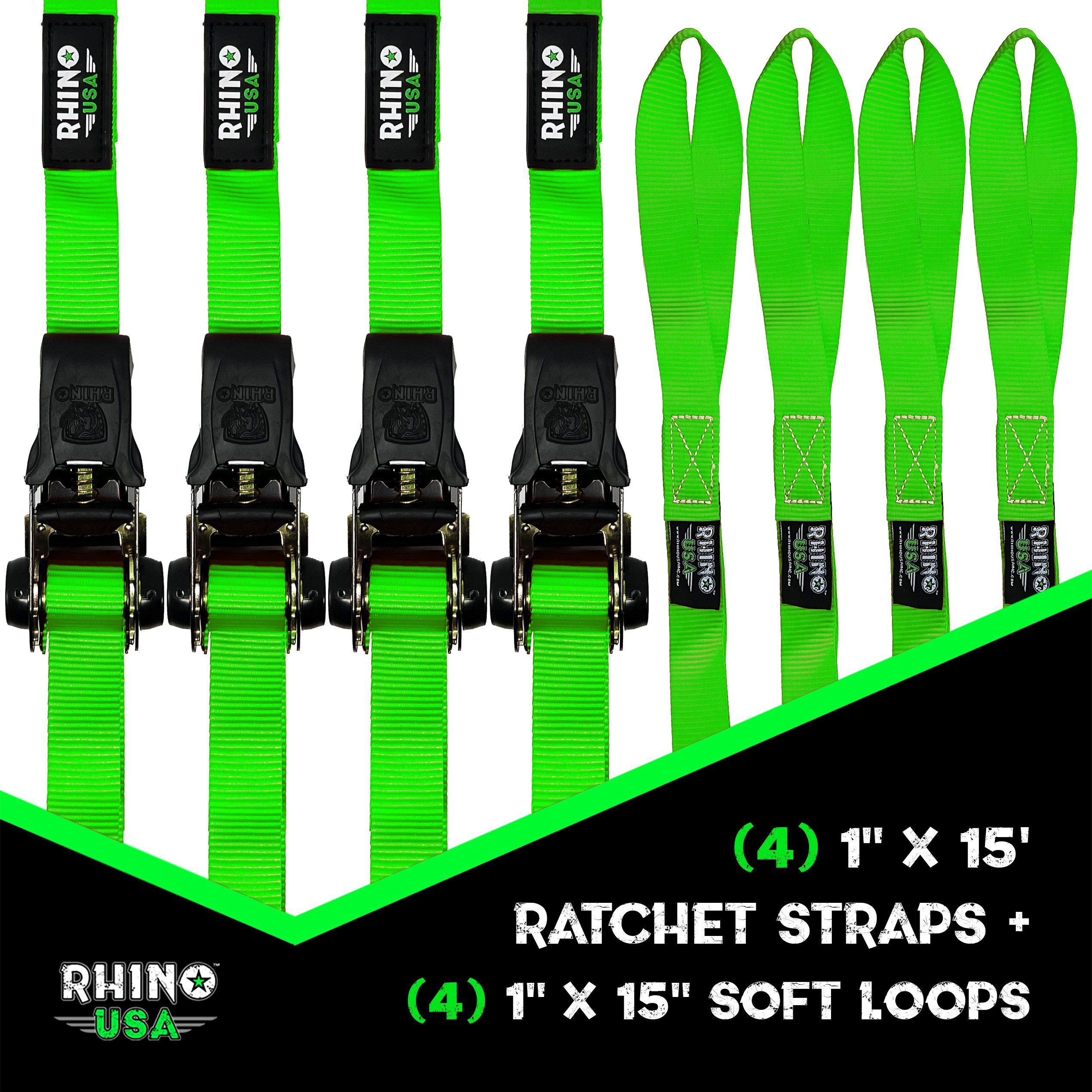 Rhino USA 1" x 15' Ratchet Tie-Down Set (4-Pack), Green