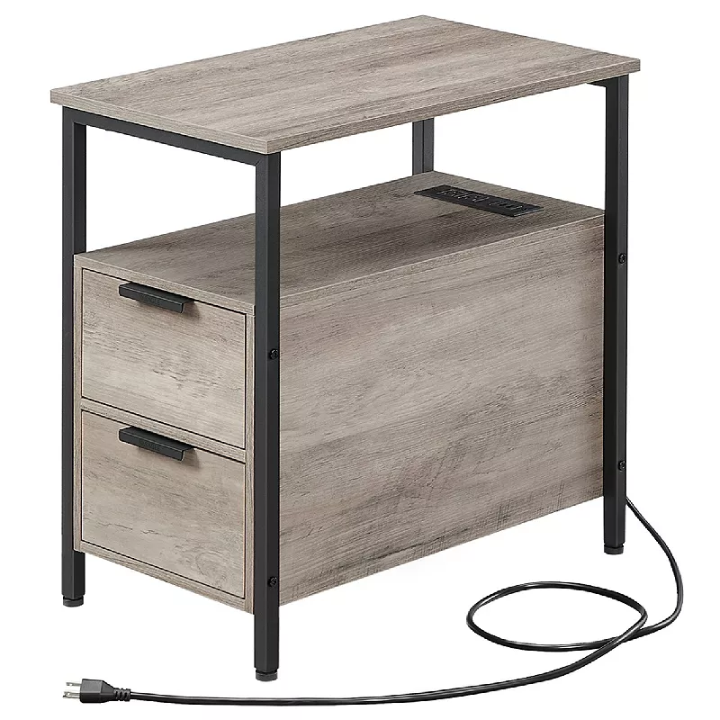 Side Table With Usb Ports， Charging Station And Drawers