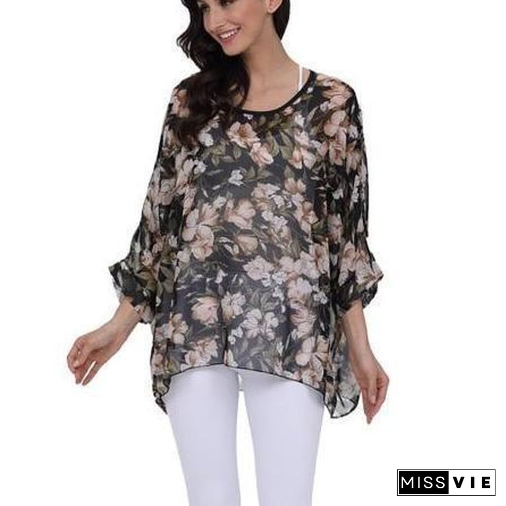 6XL Plus Size Women Chiffon Blouse Shirt Batwing Sleeve Tops Blouses