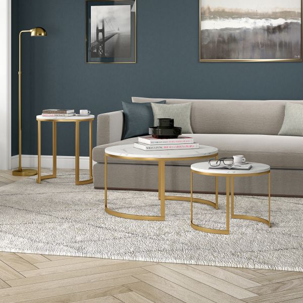 Mitera Round Nested Coffee Table with Faux Marble Top in Brass/Faux Marble