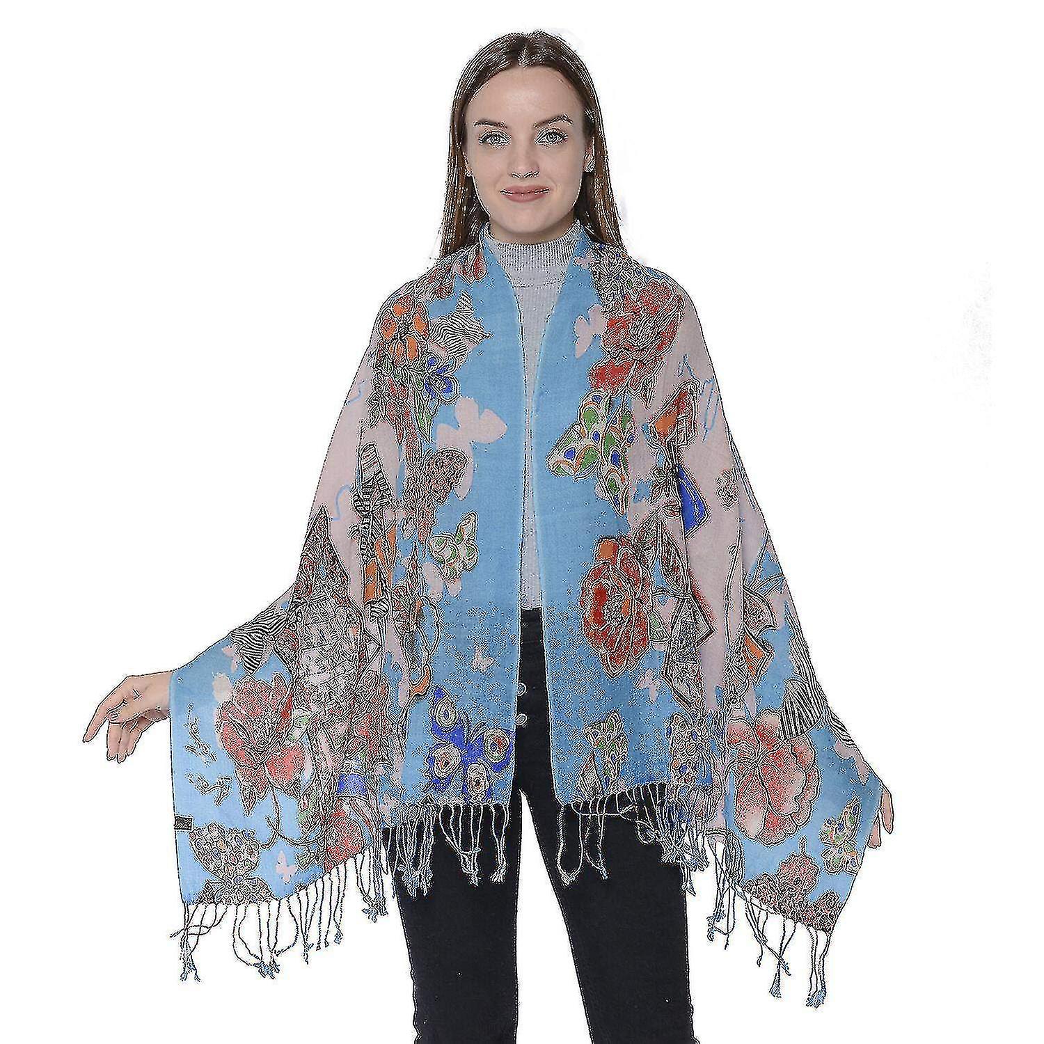 100% Merino Wool Artistic Fer Print Scarf 170x85cm - Blue