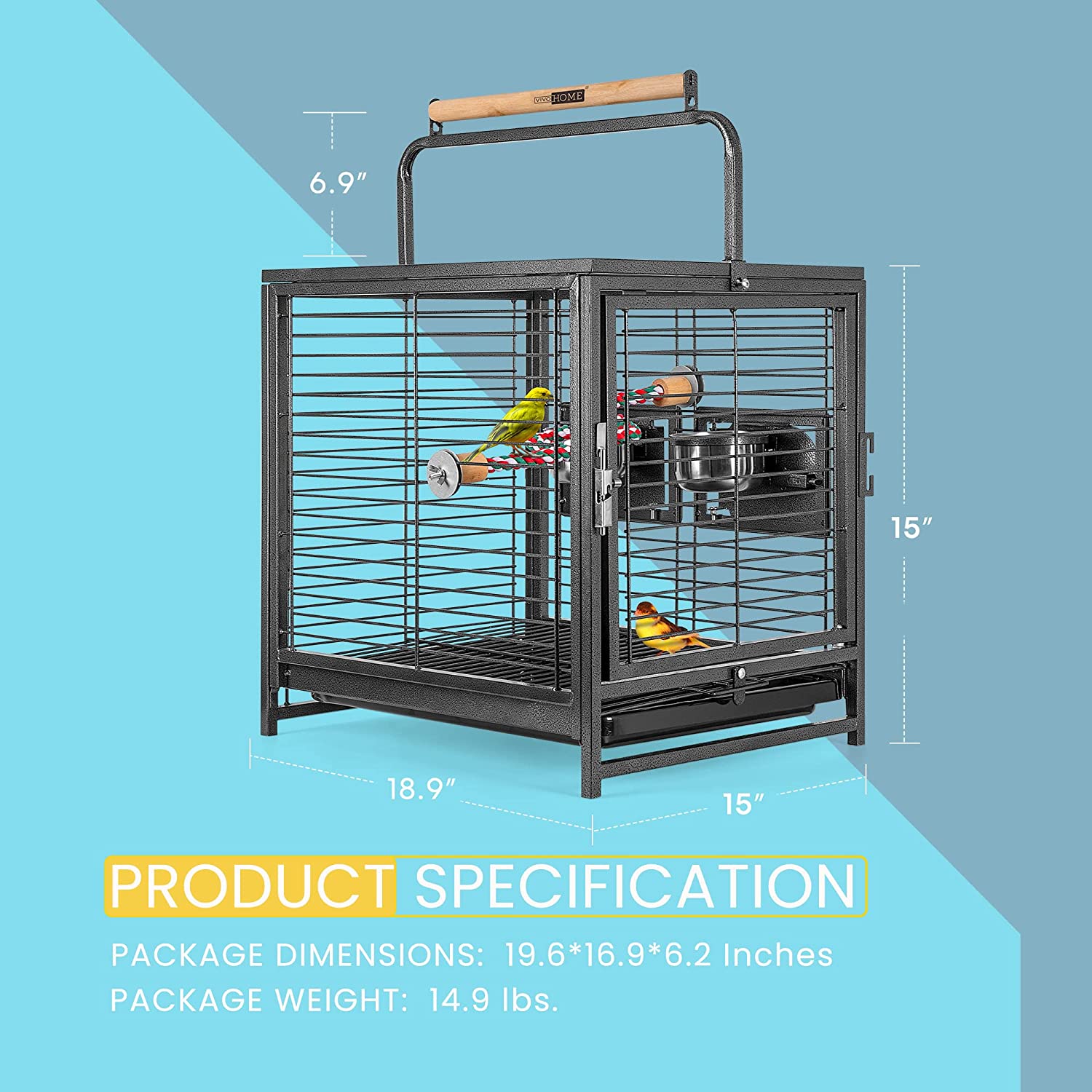 VIVOHOME 19 Inch Wrought Iron Bird Travel Carrier Cage for Parrots Conures Lovebird Cockatiel Parakeets