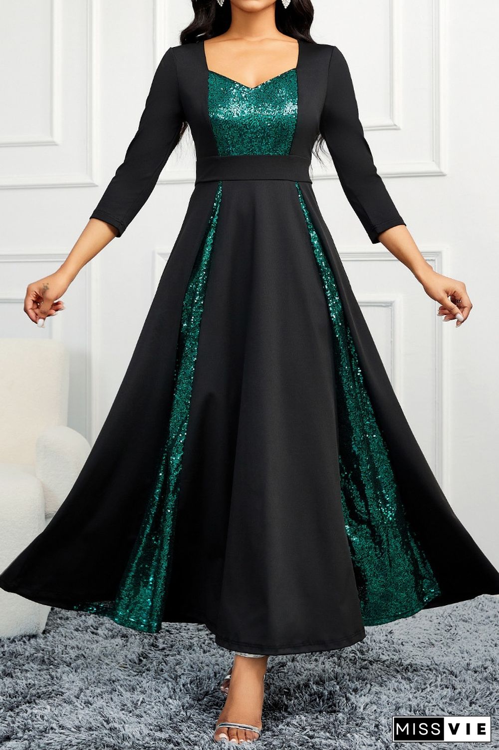 Casual Patchwork Contrast V Neck Long Dress Dresses