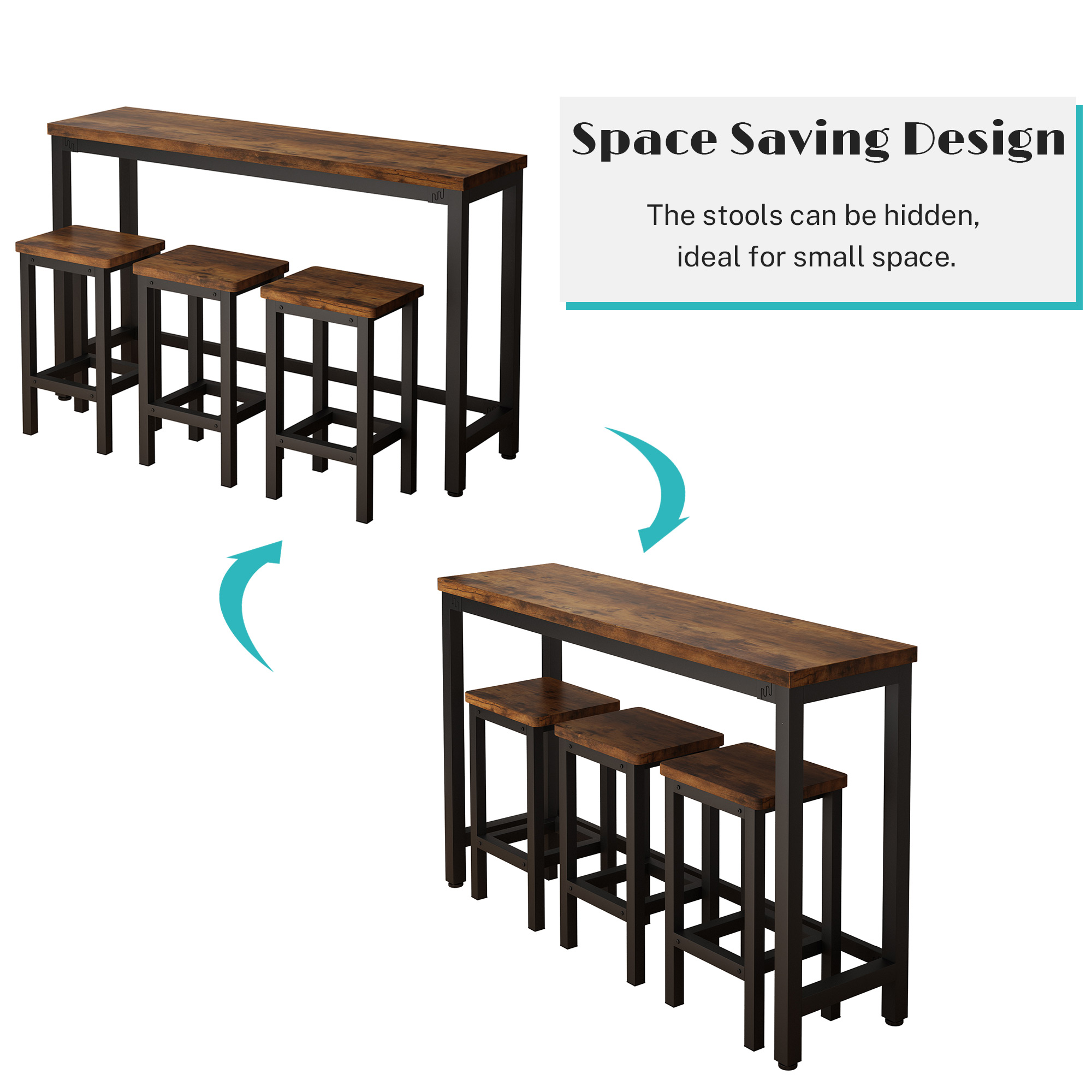 Seizeen Bar Table Set of 4， Modern Counter Height Dining Table and 3 Stools， Dark Texture Pub Bistro Set with 3 Height Stools for Small Space Kitchen Cafe Shop， Dark Brown