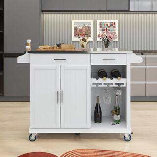 tunuo White Rolling Kitchen Island Cart with Stainless Steel Top and Wheels (51 in. W) SFWF-295114W