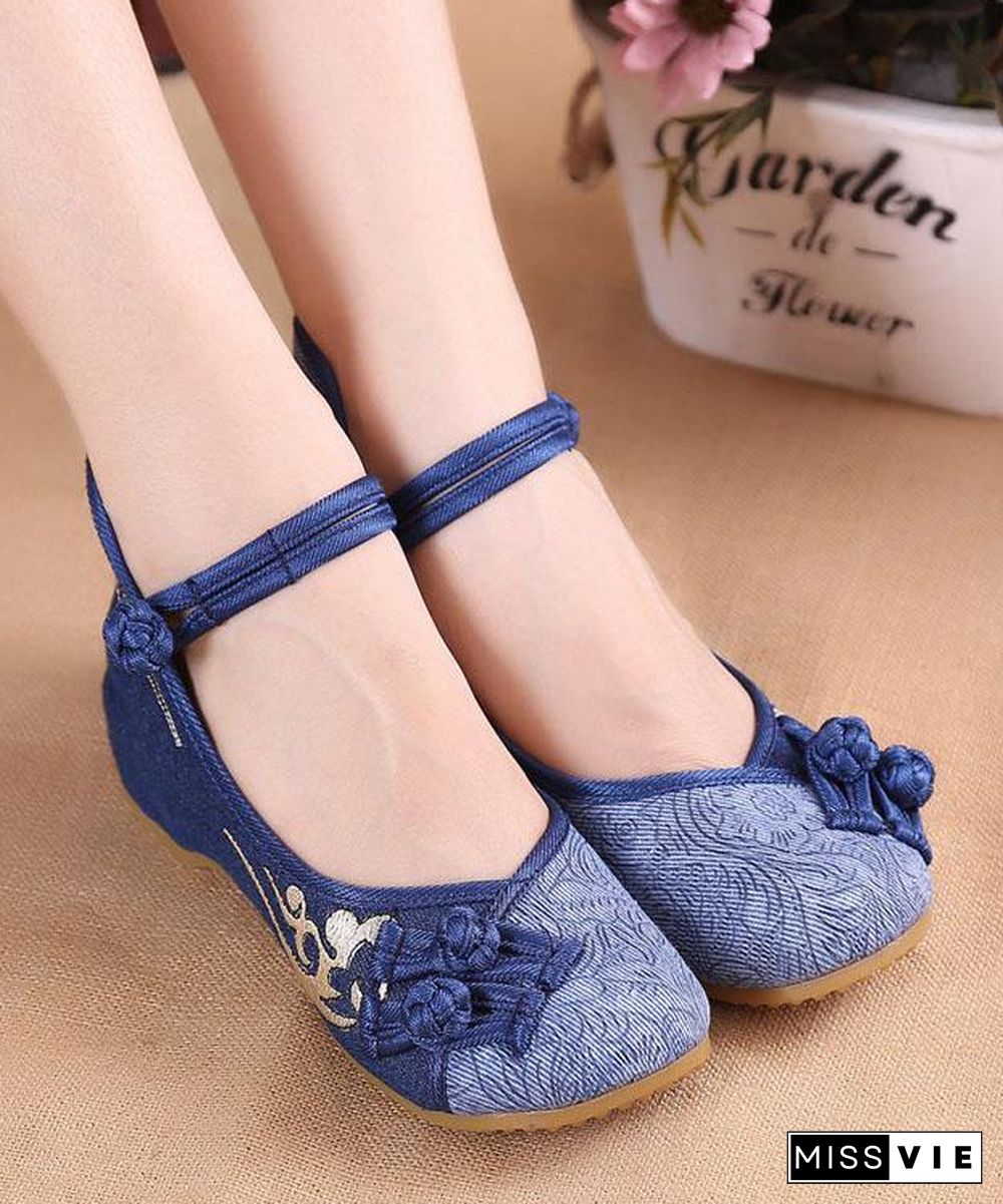 Women Buckle Strap Wedge High Wedge Heels Shoes Blue Oriental Cotton Fabric