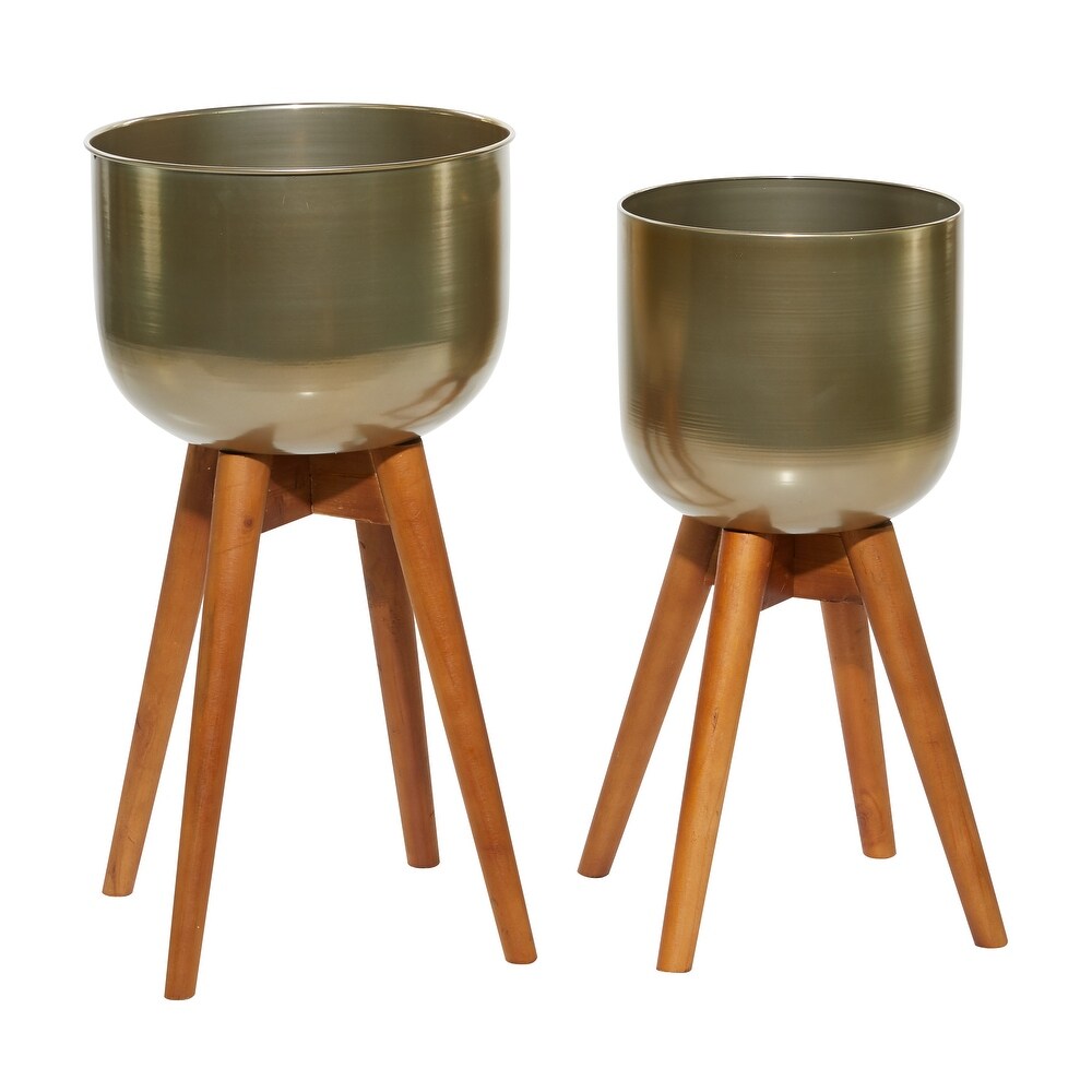 Gold Brushed Metal with Wood Legs Boho Contemporary Modern Planter (Set of 2)   13 x 13 x 24Round