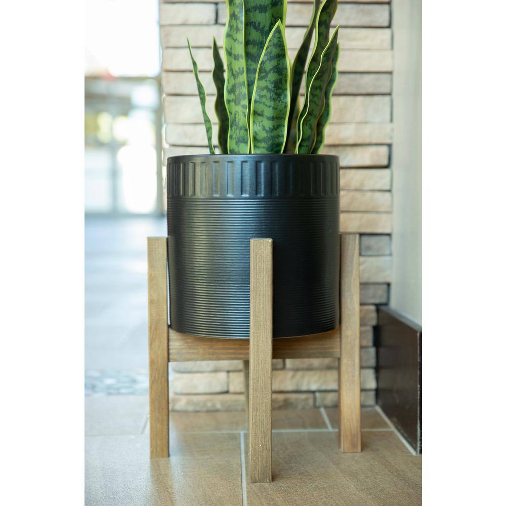 Vigoro 10 in. Clementine Medium Black Ceramic Planter (10 in. D x 16 in. H) with Wood Stand CT826L-MTBK