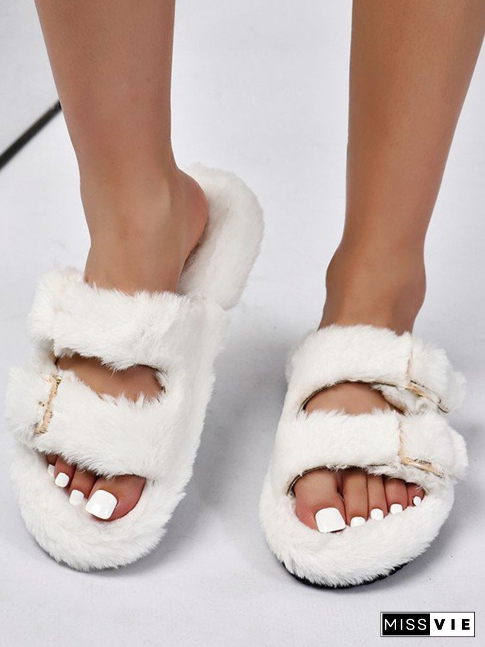 Casual Buckle Furry Slippers