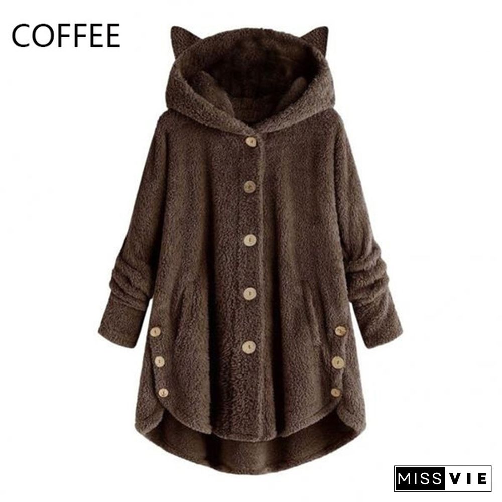 12 Colors Fashion Women Autumn Winter Soft Furry Fleece Hooded Casual Loose Long Coat Jacket Cute Cat Ears Ladies Plush Hoodies Casual Loose Warm Jacket Plus Size S-5Xl