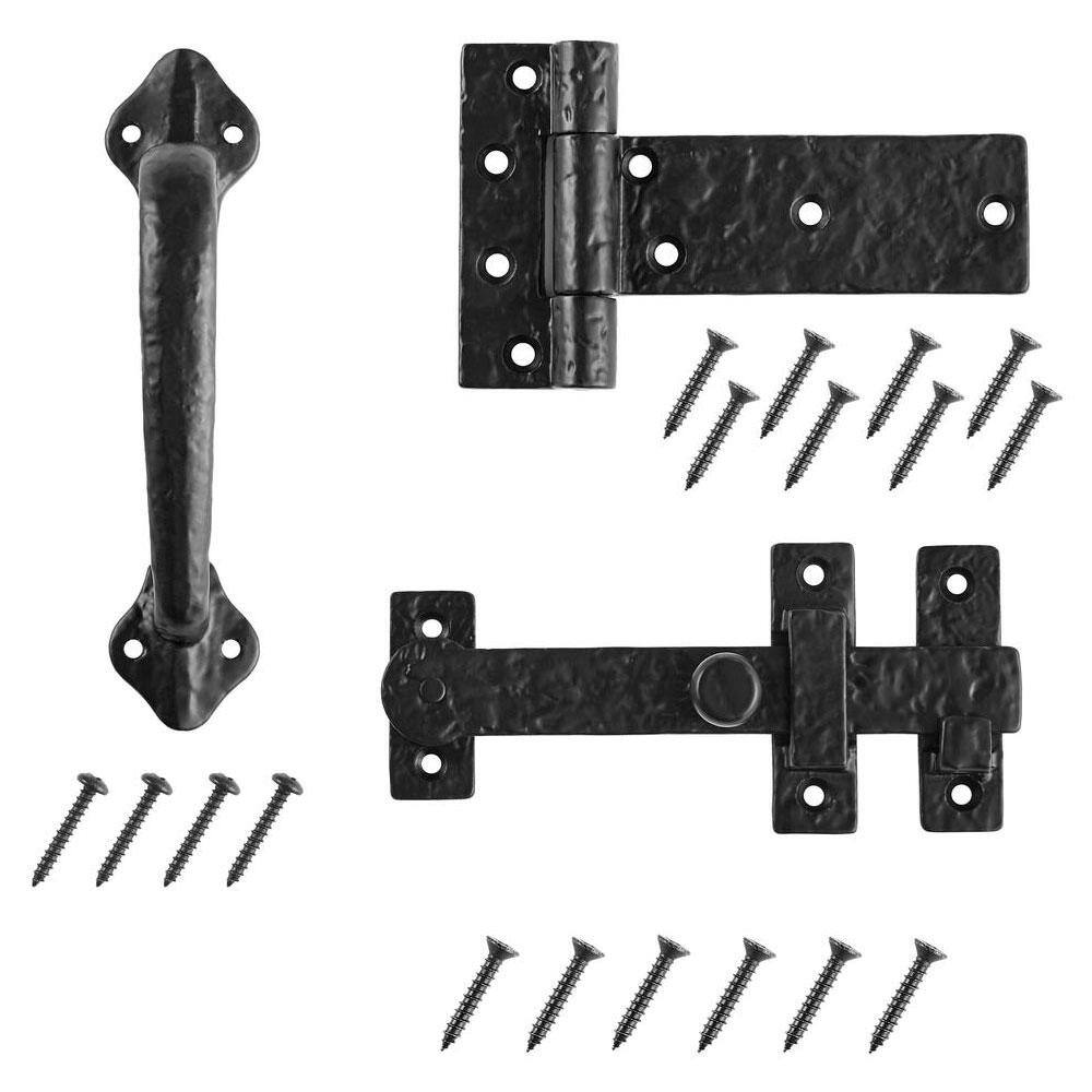 Everbilt 8 in. Matte Black Cast Iron Drop Bar Latch Gate Set with 6 in. Tee Hinge and 8 in. Gate Pull 60196