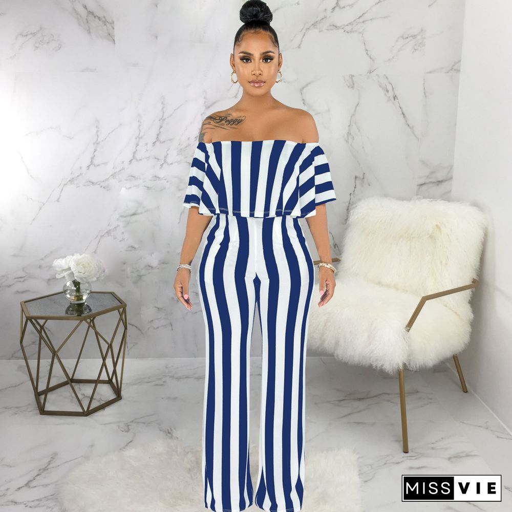 Striped Off Shoulder Wide Leg Jumpsuits