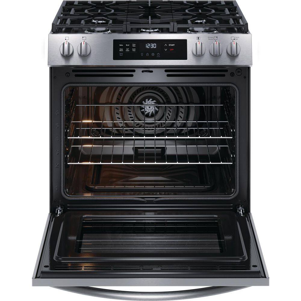 Frigidaire 30 in. 5 Burners Slide-In Front Control Gas Range with Convection in Stainless Steel FCFG3083AS