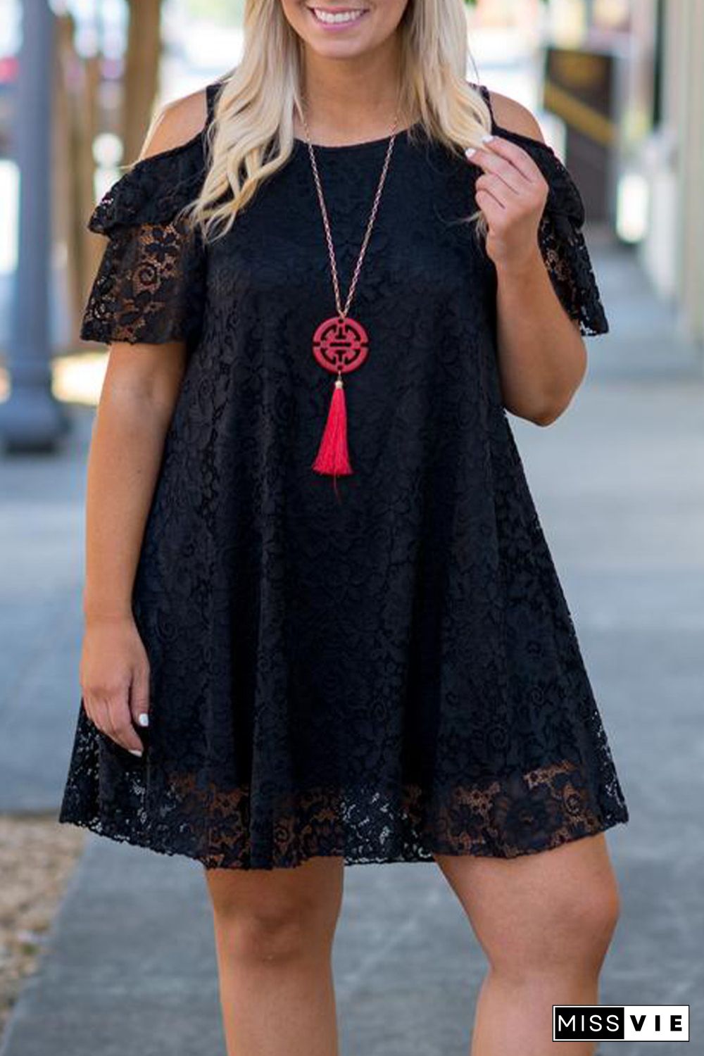 Black Cold Shoulder Lace Plus Size Dress