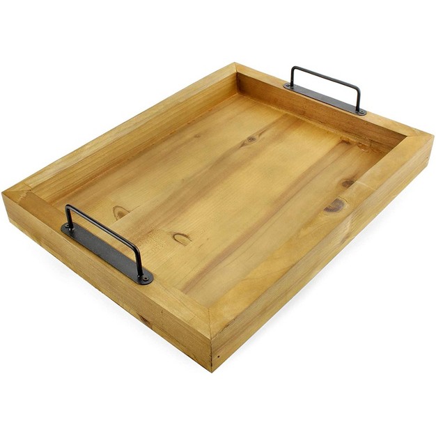 Auldhome Design Rustic Wood Serving Tray Farmhouse Shiplap Ottoman Tray W Black Metal Handles