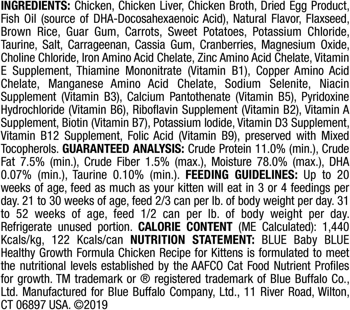 Blue Buffalo Baby Blue Healthy Growth Formula Natural Chicken Recipe Kitten Wet Food， 3-oz cans， case of 24