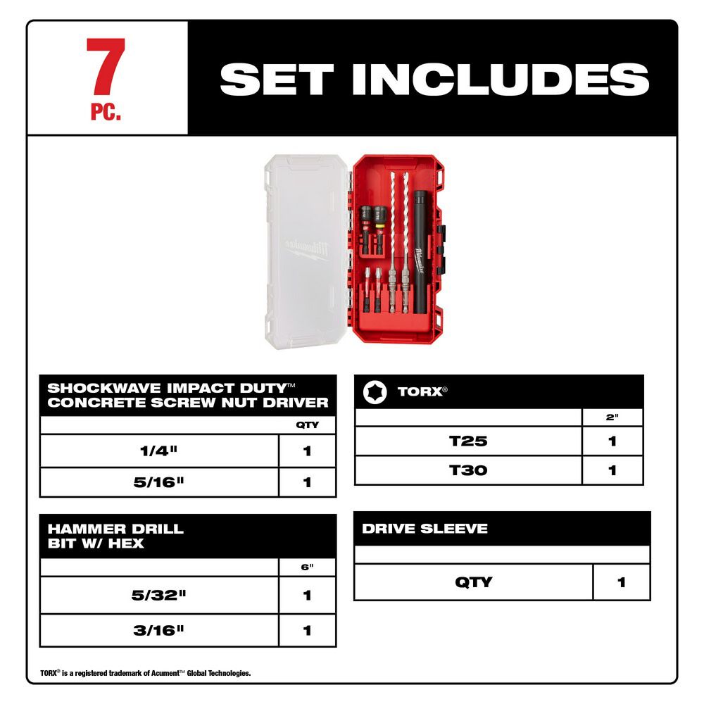 MW SHOCKWAVE Impact Duty Carbide Multi Material Drill Bit Concrete Screw Install Kit 7pc 48-20-8877 from MW