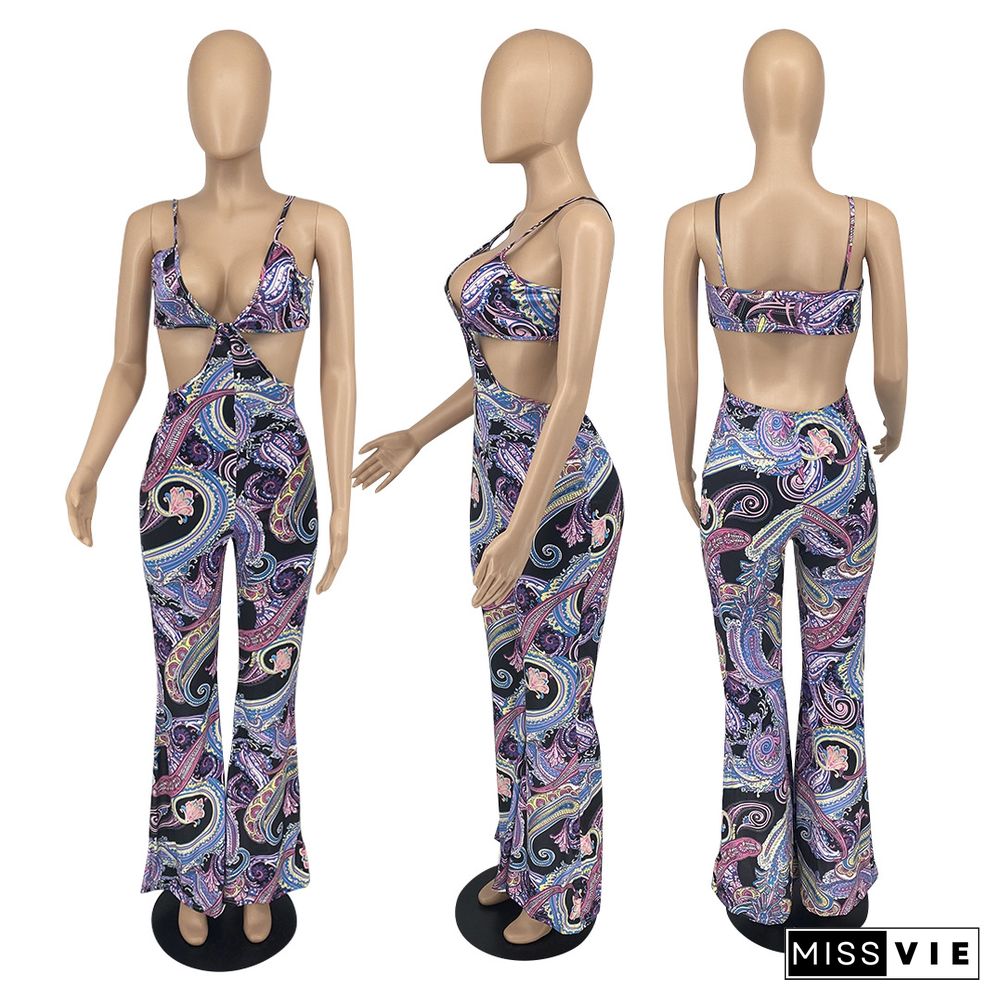 Summer Sexy Women Printed Spaghetti Srap Deep V Neck Hollow Out Skinny One Piece Jumpsuit