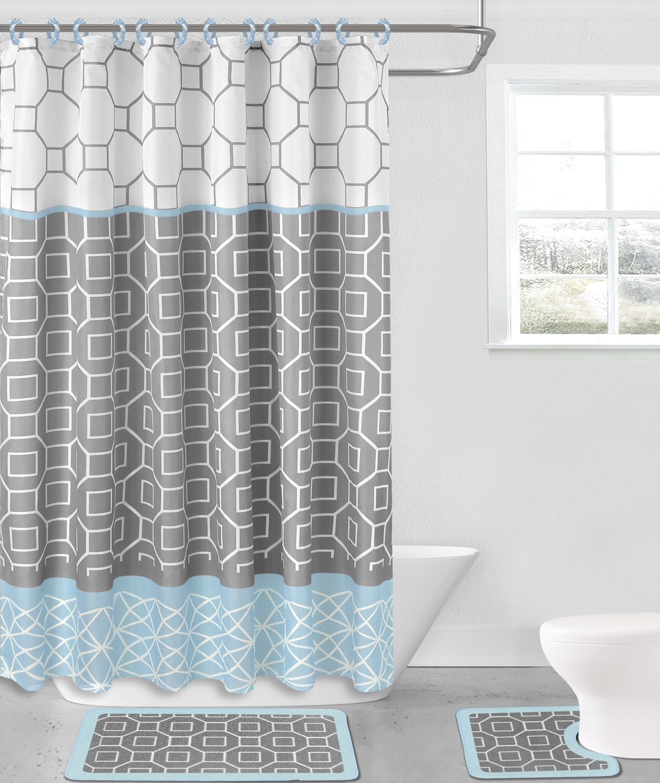 DIAMOND SILVER / BLUE 15-piece Hotel Bathroom Sets - 2 Non-Slip Bath Mats Rugs Fabric Shower Curtain 12-Hooks