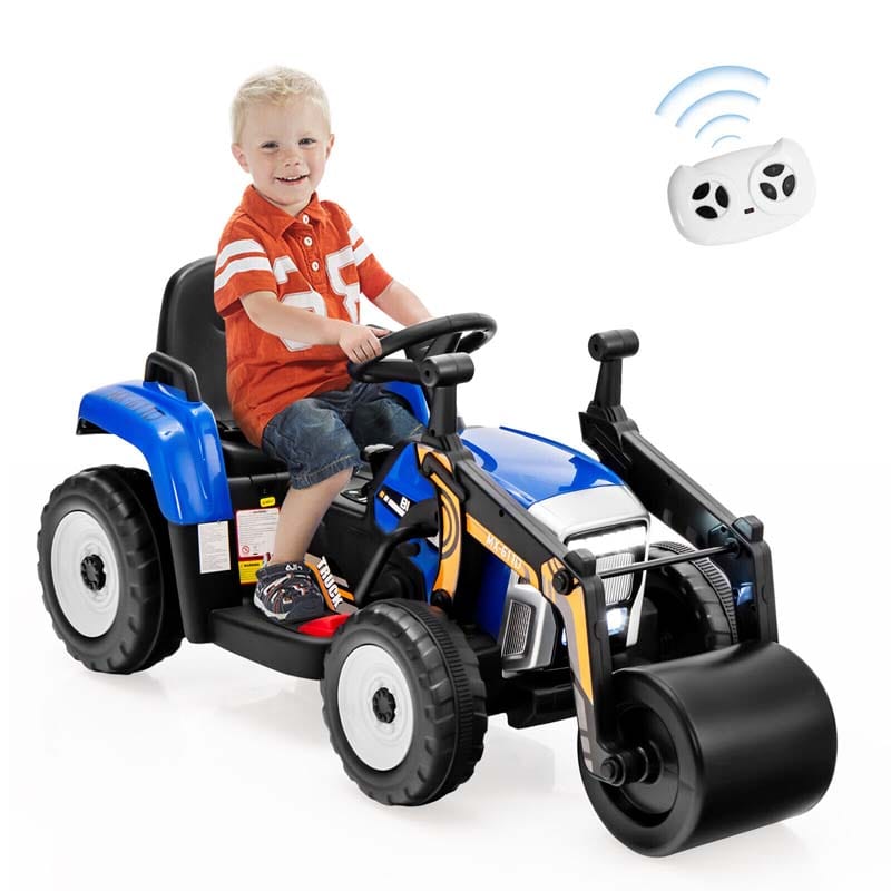 12V Kids Ride On Road Roller with Drum Roller, Battery Powered Electric Tractor RC Construction Vehicle