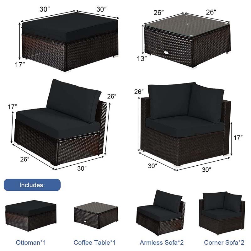 6 Pcs Outdoor Rattan Sectional Sofa Set with Coffee Table & Removable Seat & Back Cushions