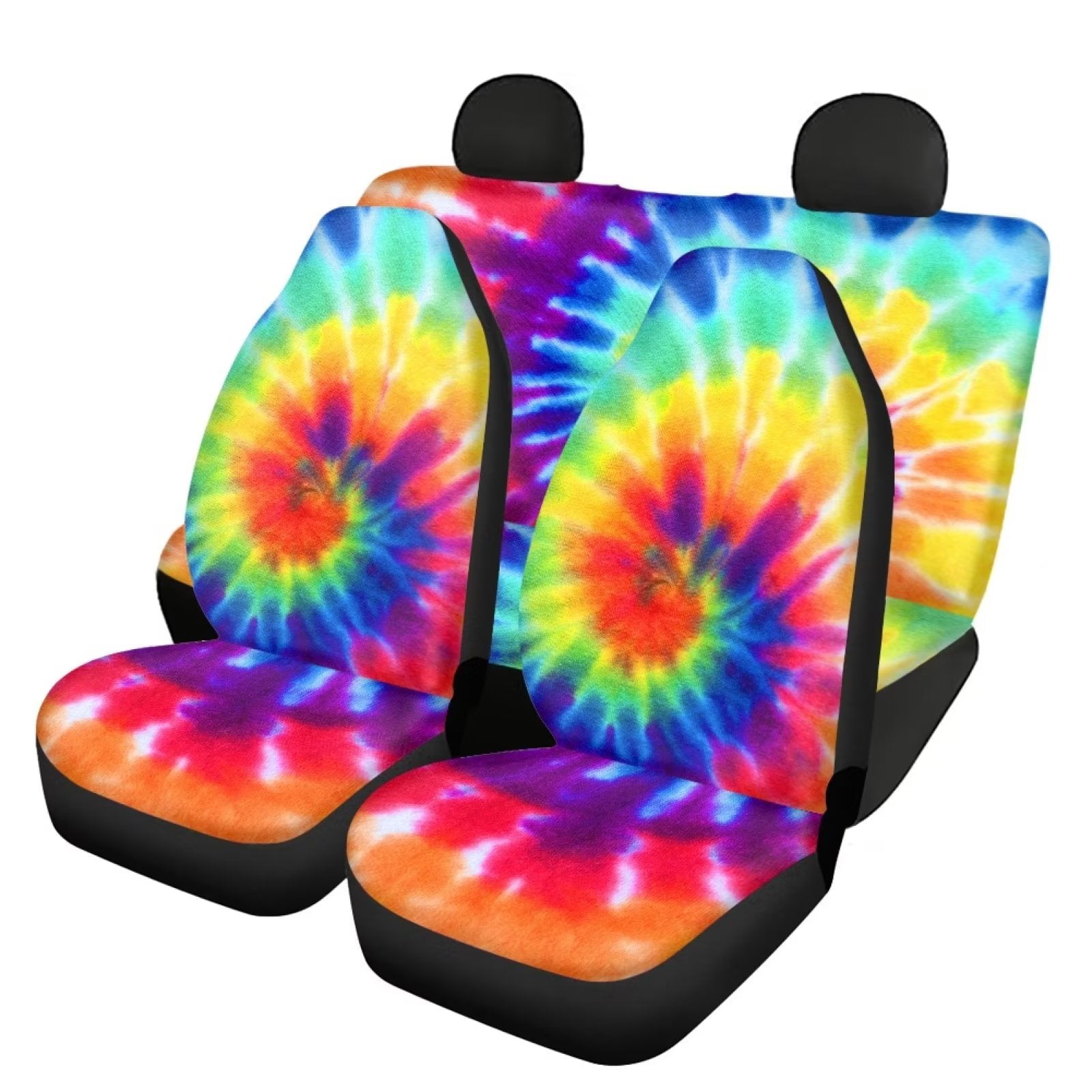 NETILGEN 4 Pack Rainbow Tie Dye Car Seat Cover Set with Anti-Dirty Comfy Front Back Seat Covers Rear Bench Covers Automative Stretchy Auto Saddle Blanket Fit Van Vehicle Auto Truck