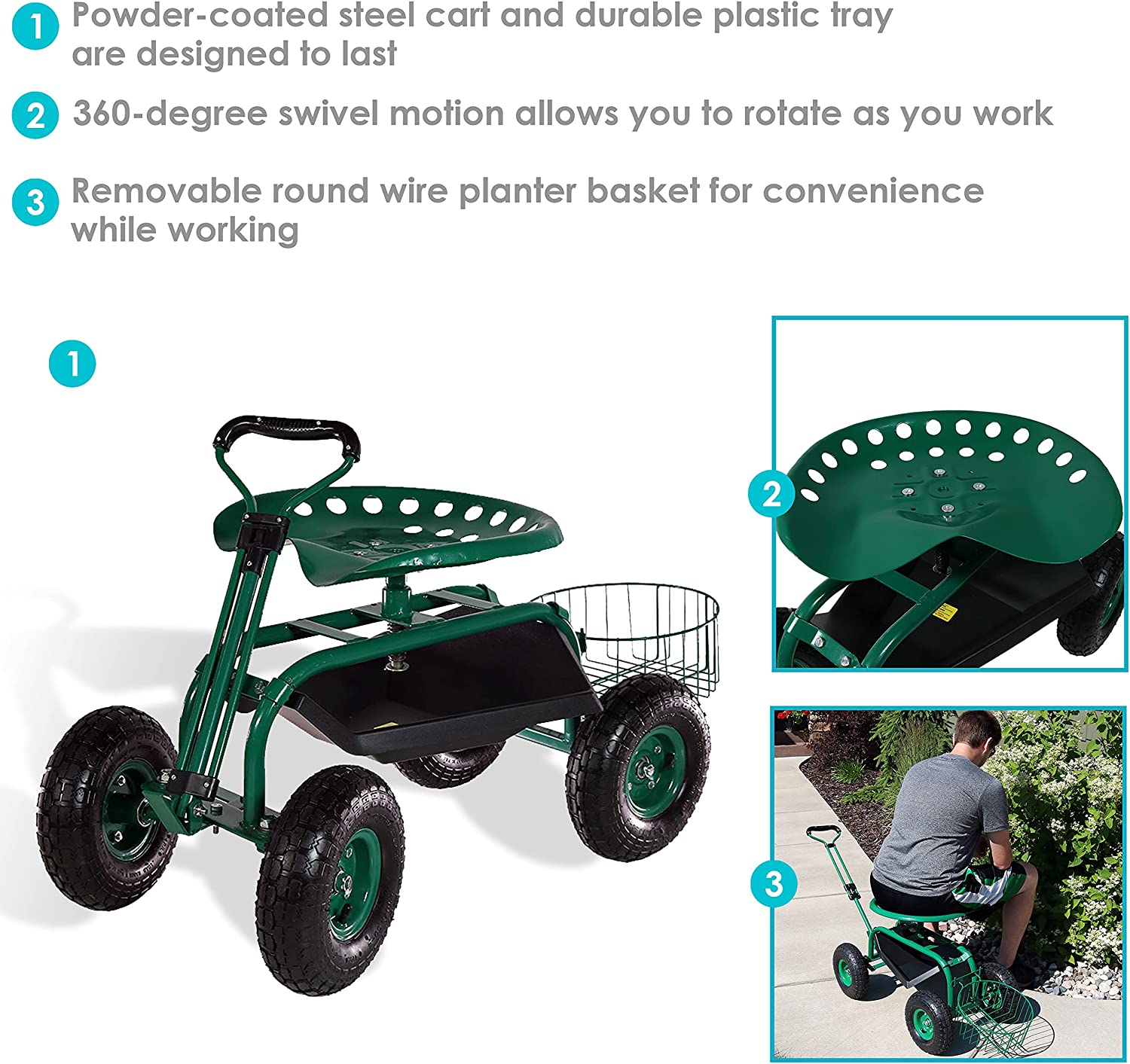 Sunnydaze Garden Cart Rolling Scooter with Extendable Steer Handle， Swivel Seat and Utility Tool Tray， Green