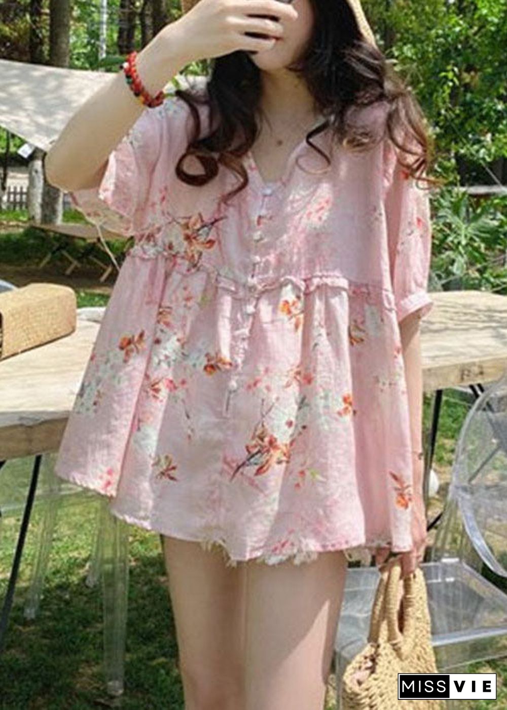 Italian Pink Ruffled Print Blouses Half Sleeve