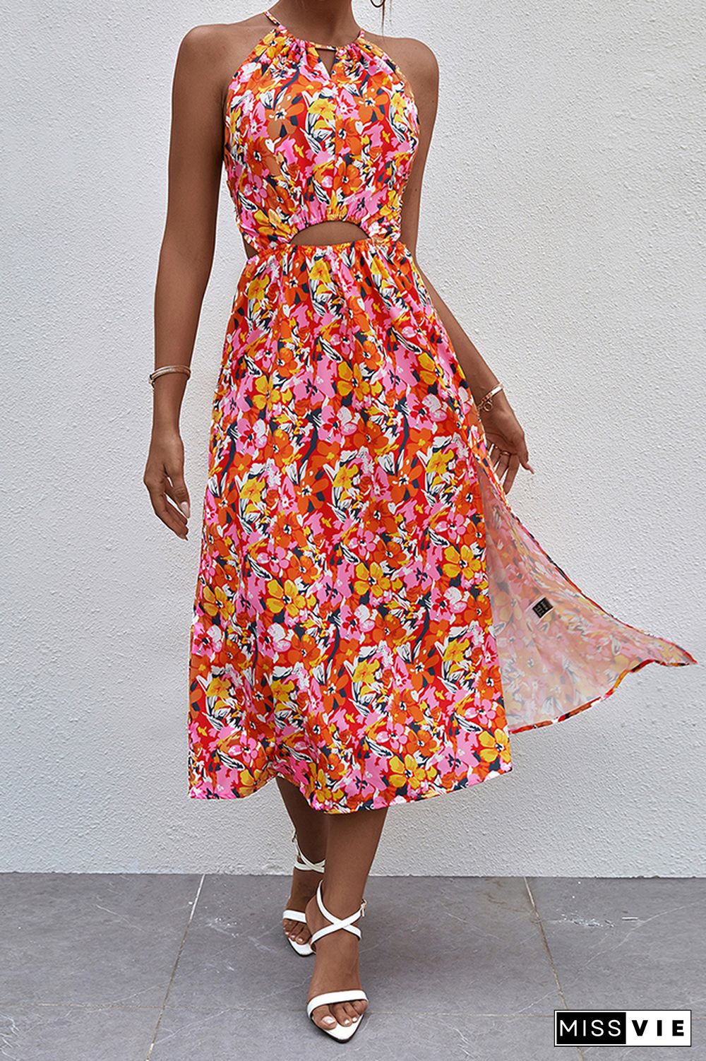 Halter Neck Hollow Out Floral Dress Wholesale