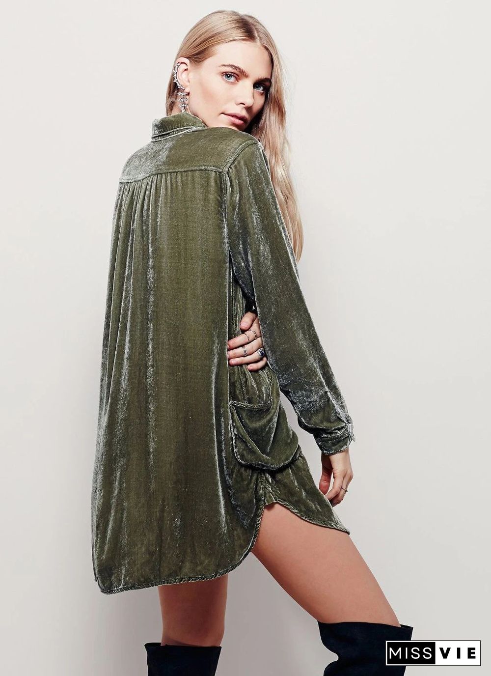 Women V Neck Loose Velvet Shirt Skirt