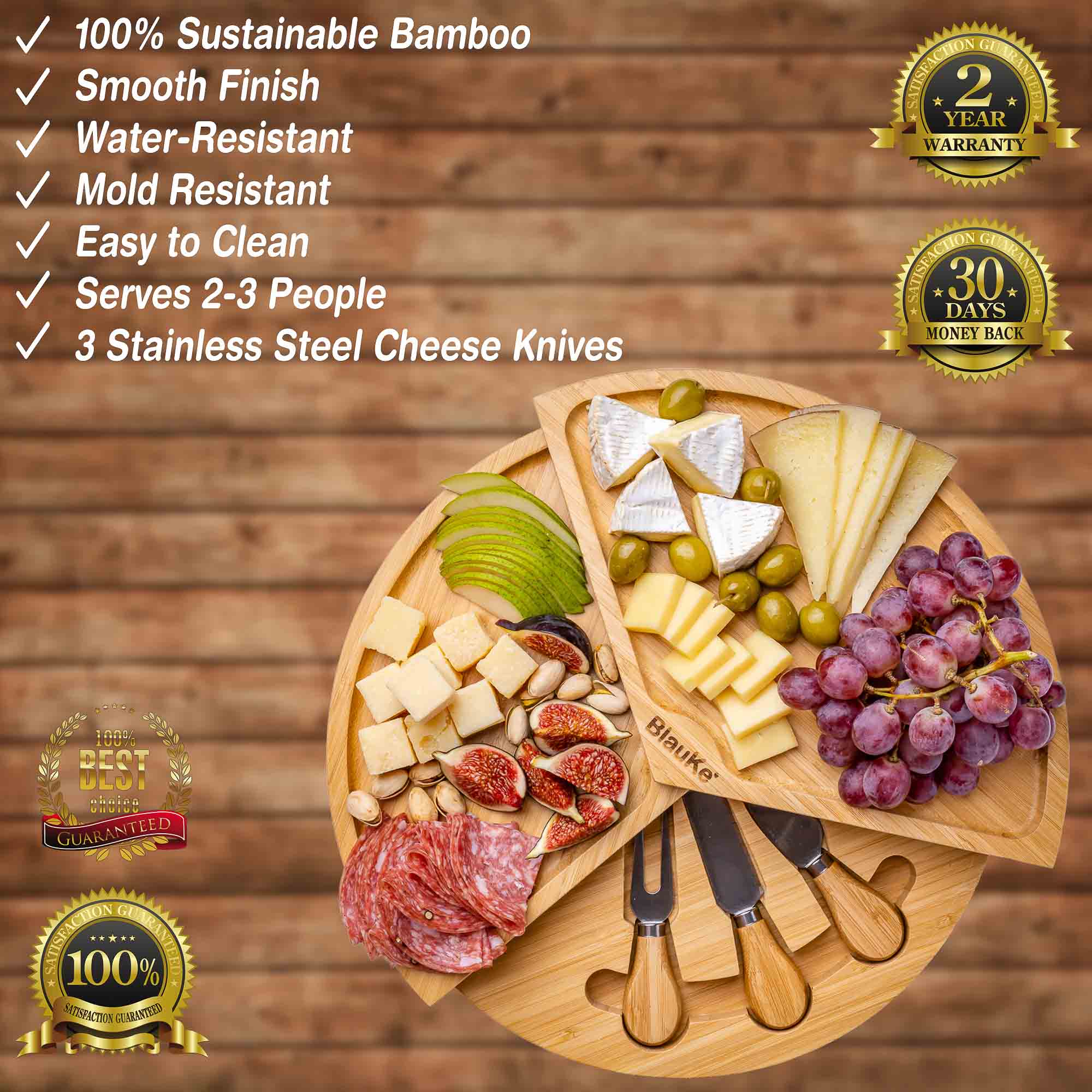 BlauKe® Bamboo Cheese Board and Knife Set – 14 inch Round Charcuterie Board， Serving Tray， Platter， Wood Cheese Board Set with Slide-Out Drawer