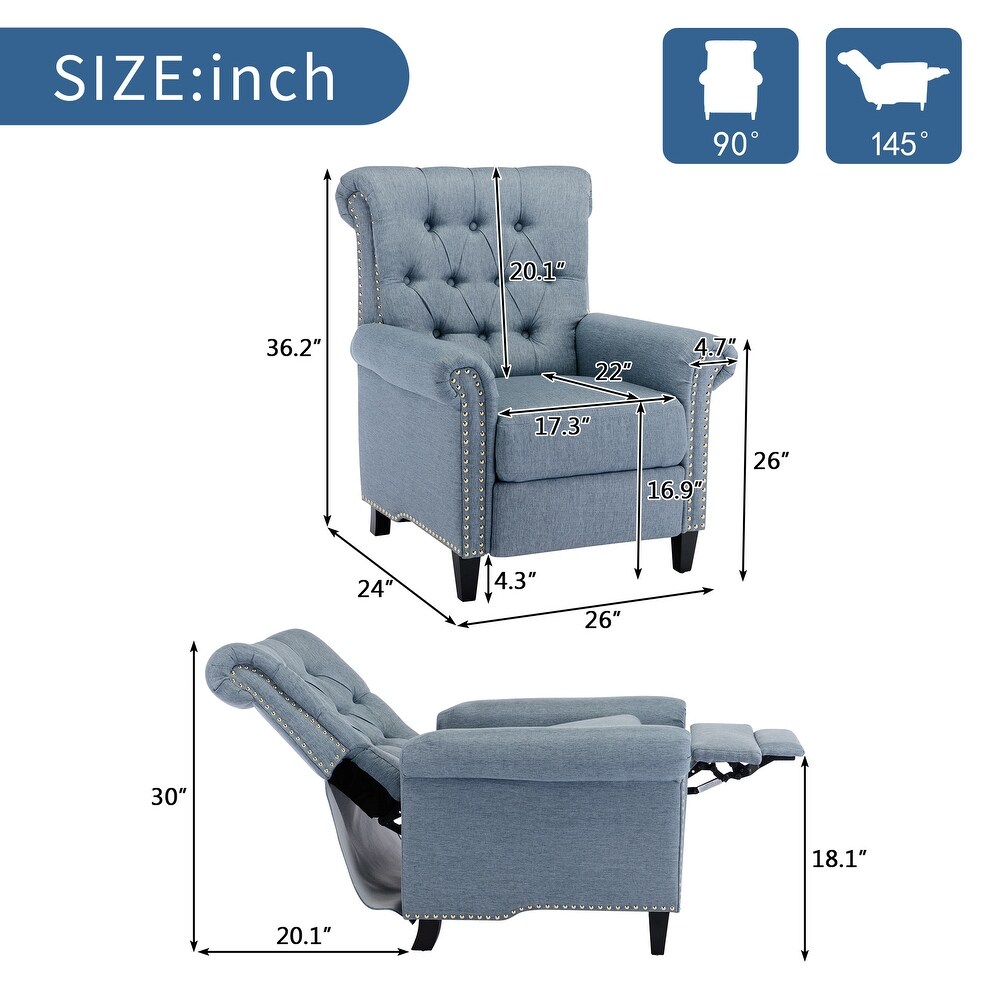 Pushback Linen Tufted Recliner Single Sofa with Nailheads Roll Arm  Adjustable Recliner for Living Room  Bedroom  Office  Blue