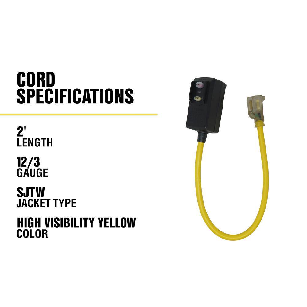 Yellow Jacket 2 ft. 123 SJTW Right Angle GFCI Heavy-Duty Extension Cord with Power Light Plug 2877