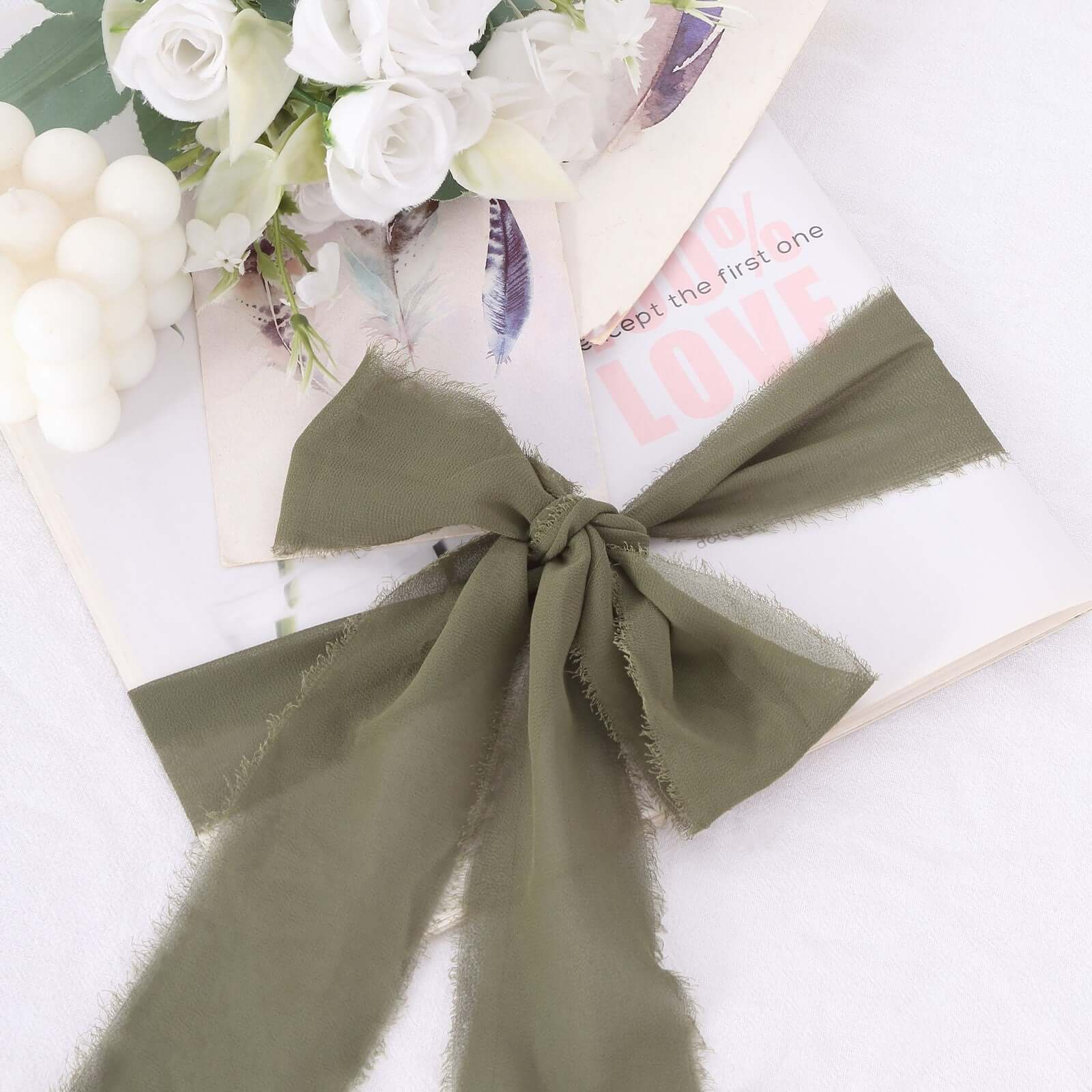 2 Pack Dusty Sage Green Silk-Like Chiffon Linen Ribbon Roll For Bouquets, Wedding Invitations Gift Wrapping 6yd