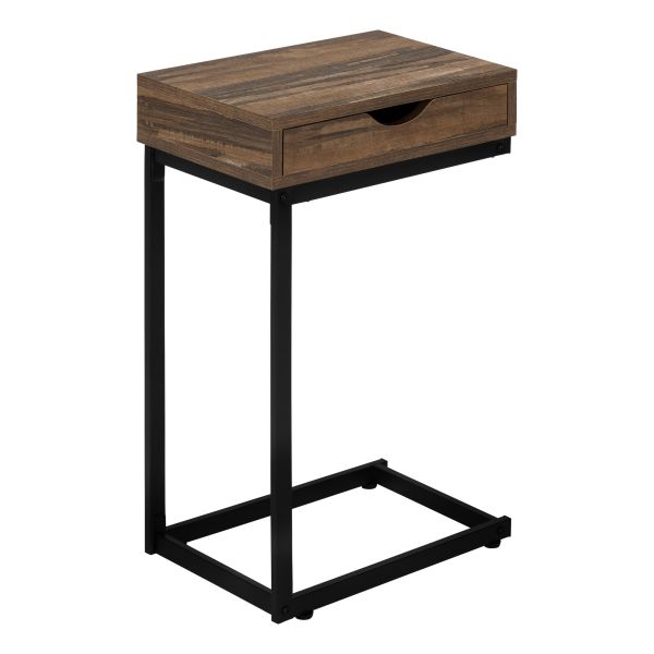 Accent Table， C-shaped， End， Side， Snack， Storage Drawer， Living Room， Bedroom， Brown Laminate， Black Metal， Contemporary， Modern