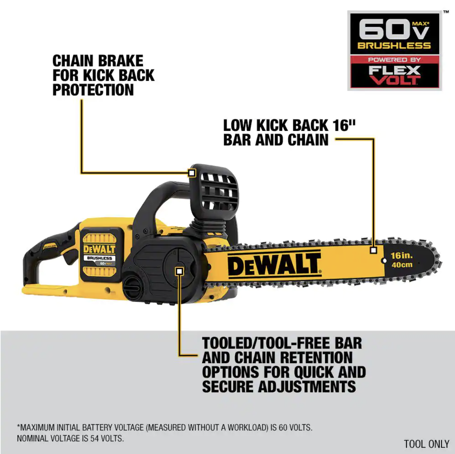 Dewalt 60V MAX 16in. Brushless Cordless Battery Powered Chainsaw Kit with (1) FLEXVOLT 2Ah Battery and Charger (DCCS670T1)